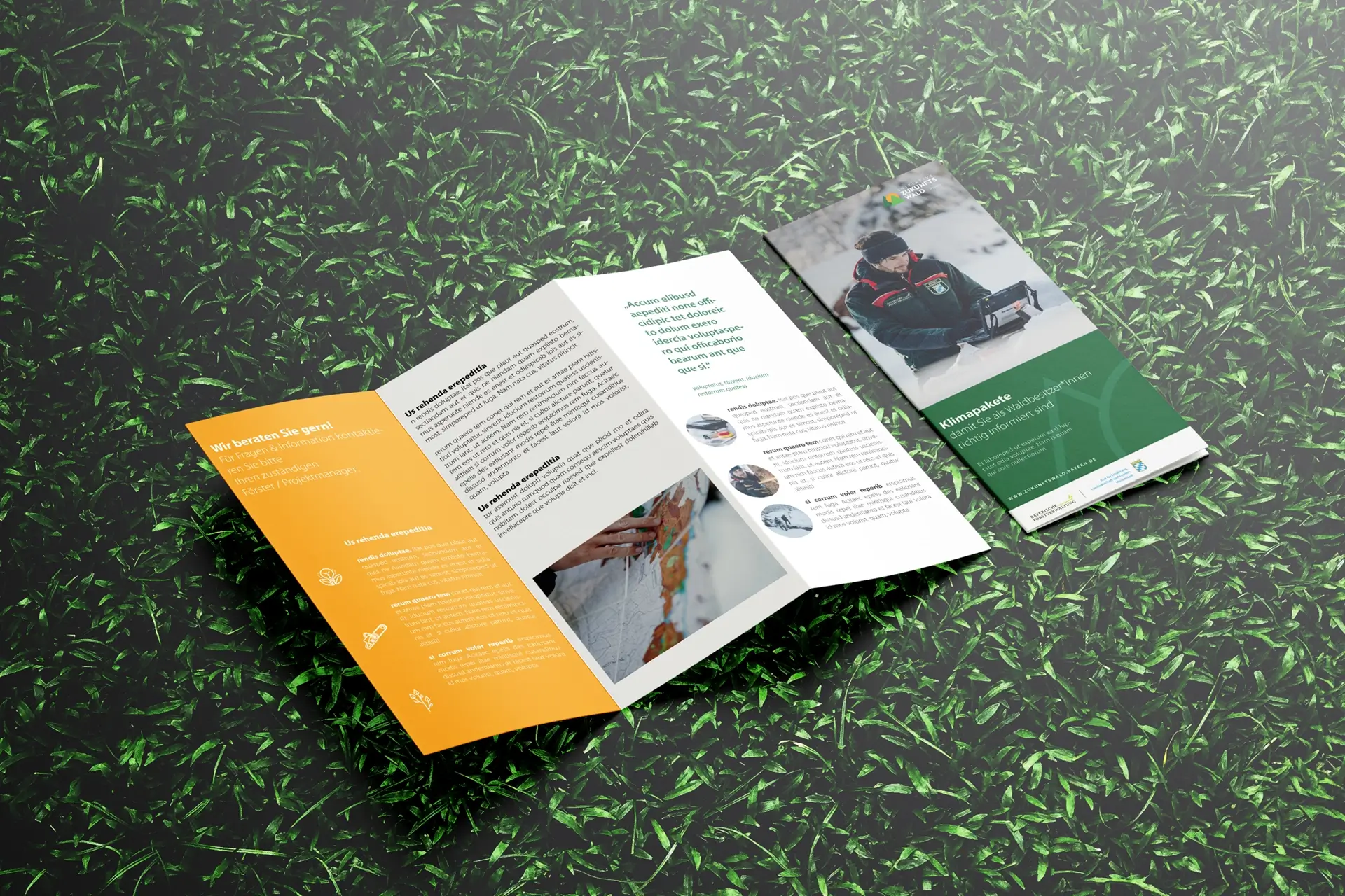 Flyercover wie Innenseitengestaltung mit Blindtext der Initiative Zukunftswald Bayern.