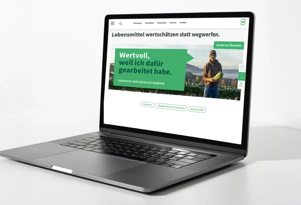 Laptopbildschirm mit Lebensmittel retten Kampagne auf der ZAK Website der
