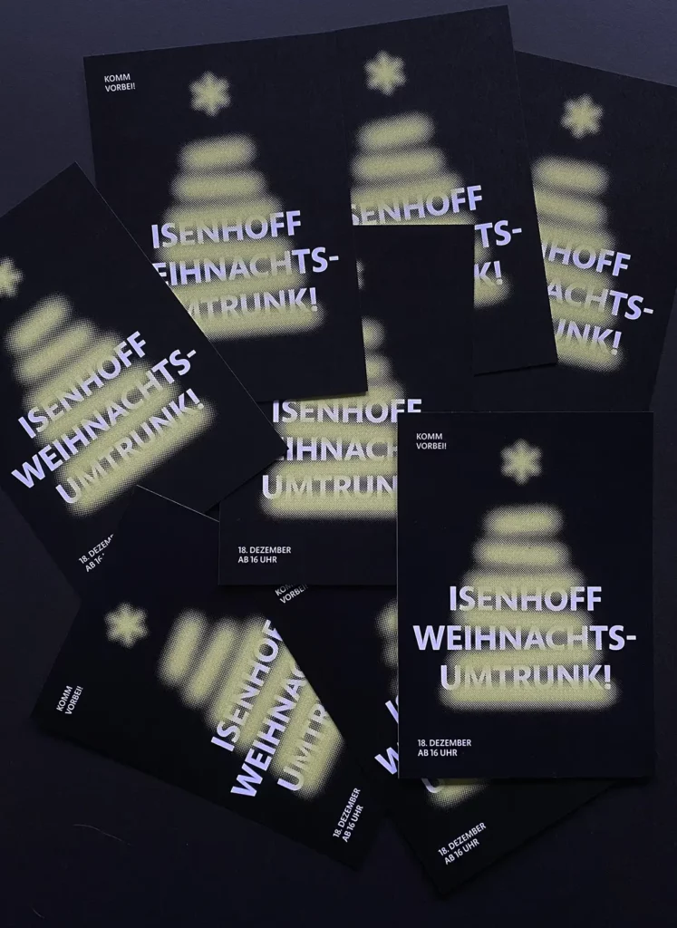 Flyer für den Isenhoff Weihnachtsumtrunk. Gelber, abstrakter Weihnachtsbaum vor weißer Schrift auf schwarzem Hintergrund